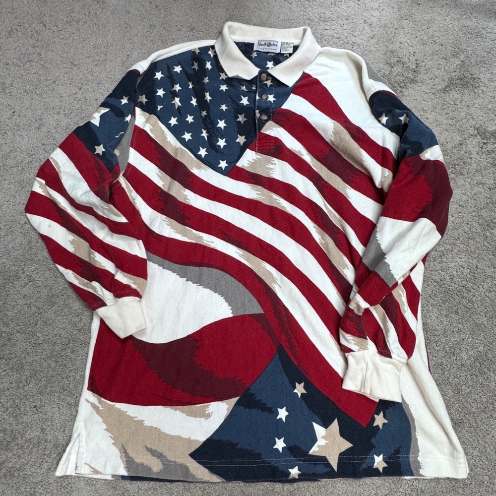 Vintage North Wales Sportswear Men's XL American Flag Polo Long Sleeve